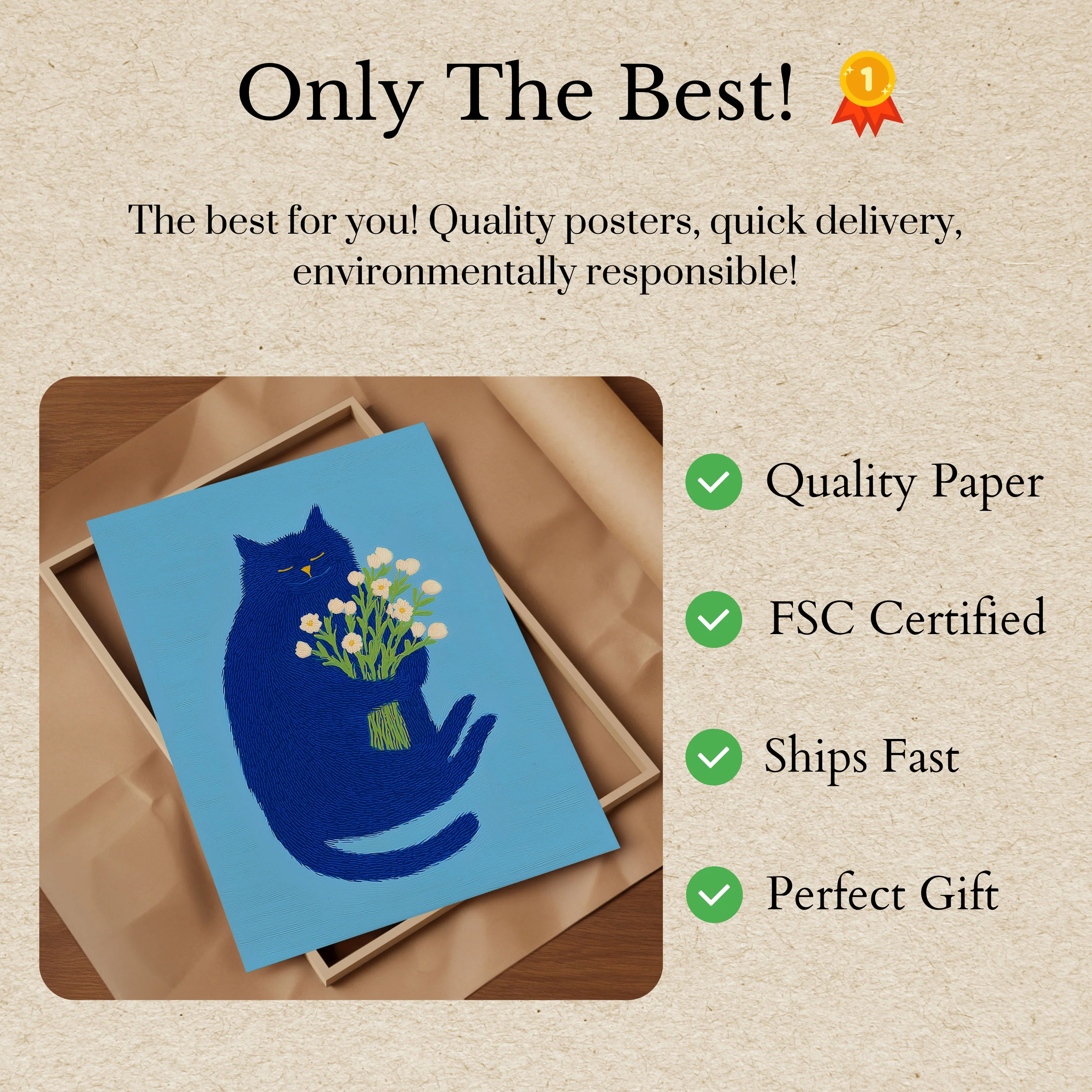 Blue Zen Cat Flower Embrace Poster - Image 3