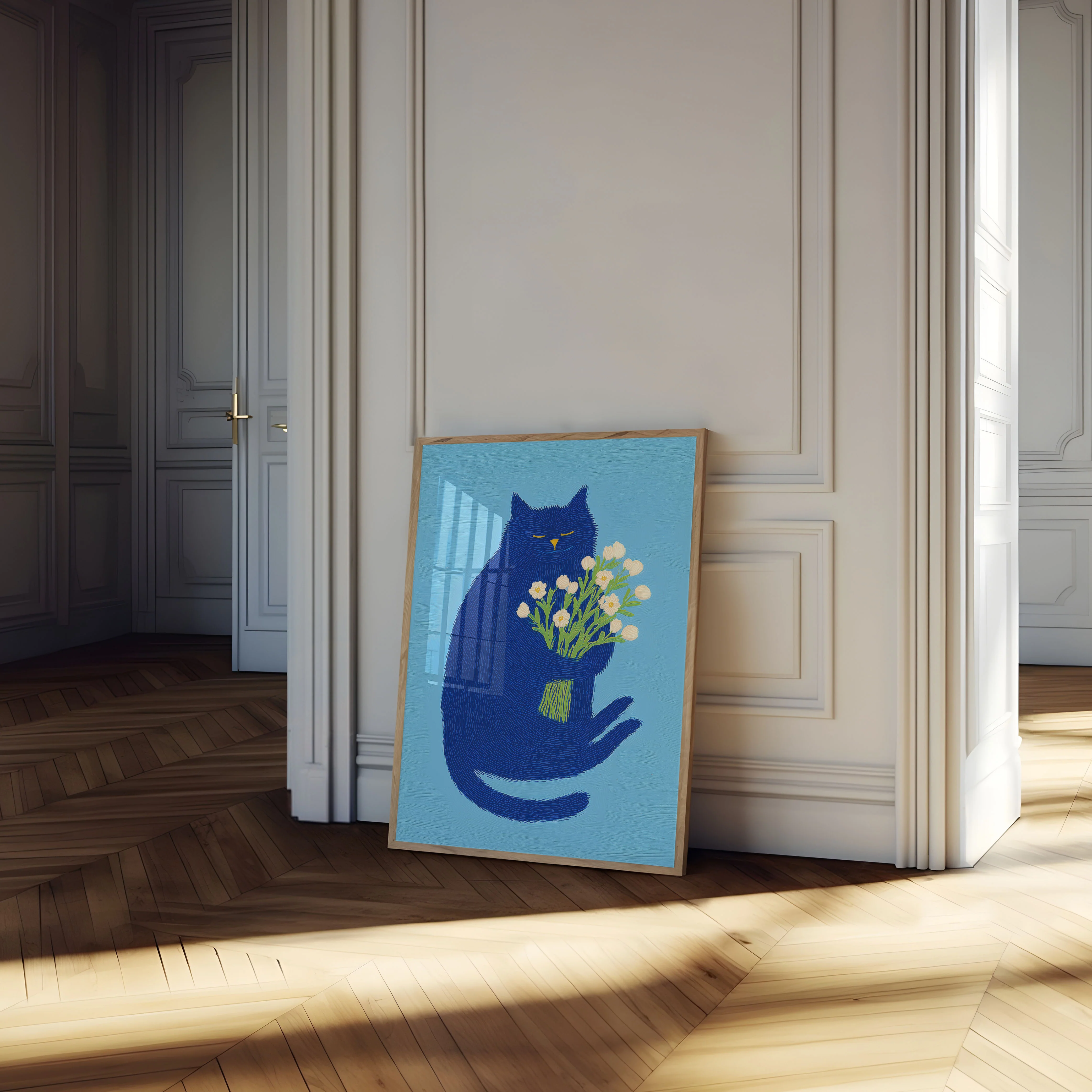 Blue Zen Cat Flower Embrace Poster - Image 4