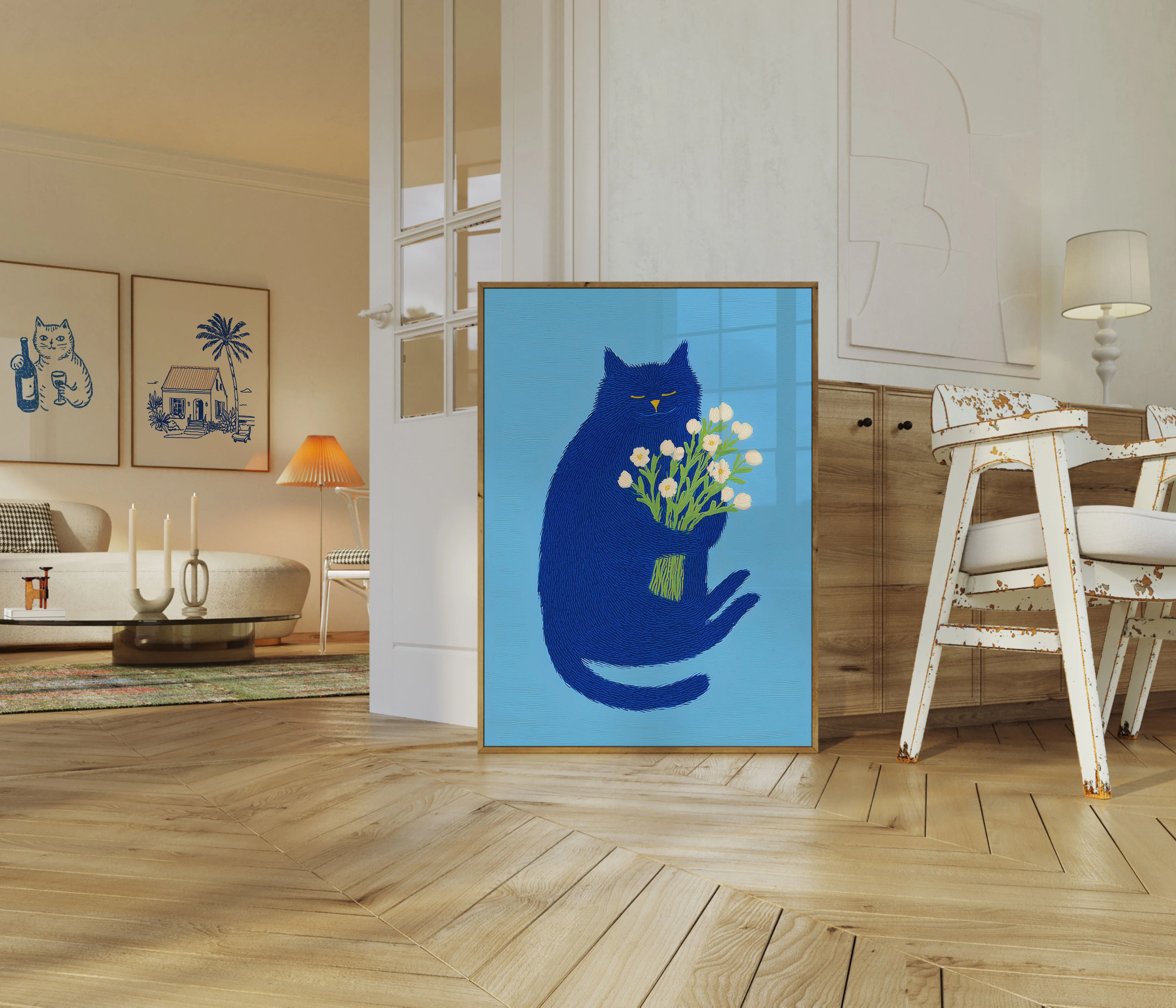 Blue Zen Cat Flower Embrace Poster - Image 5