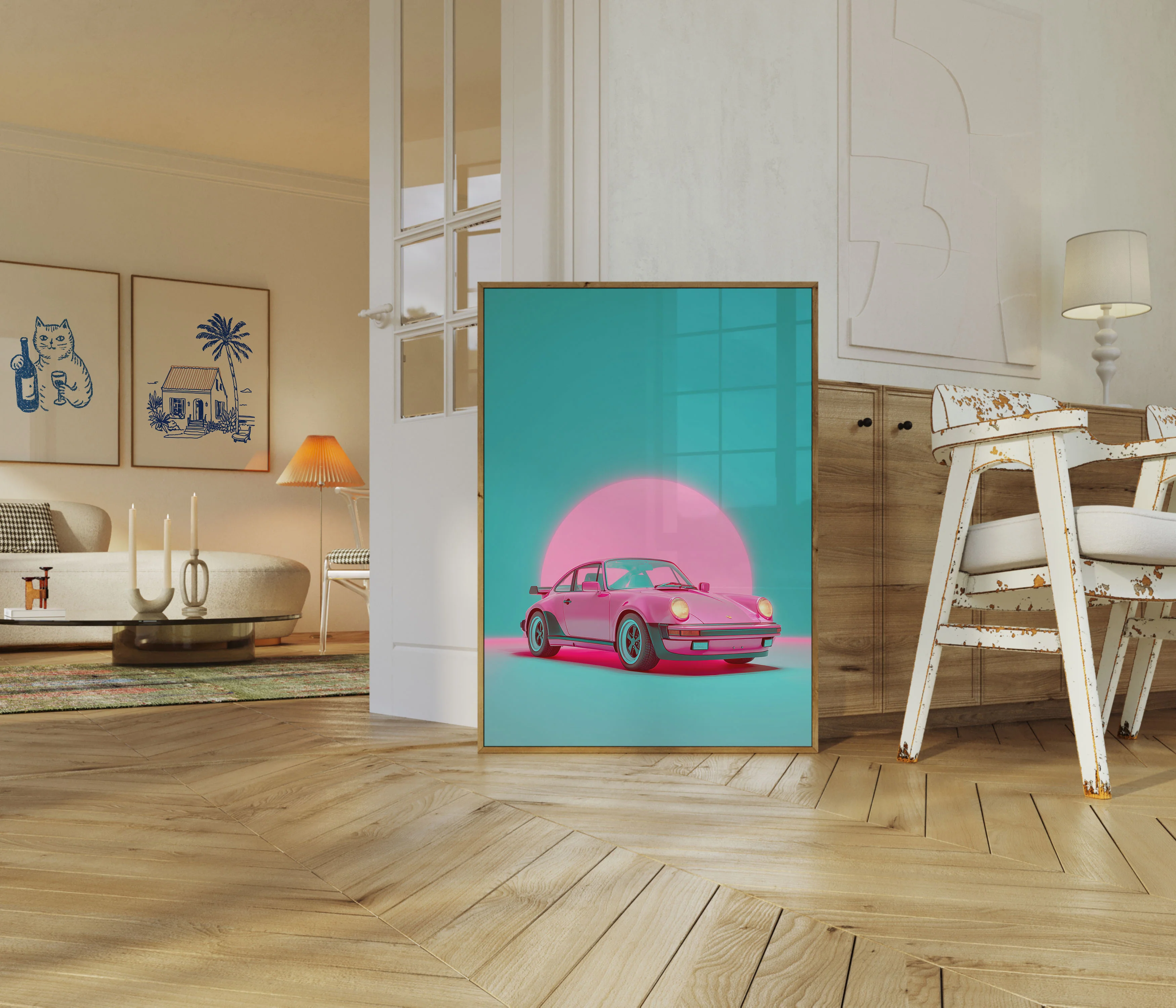 Retro Pink Porsche Sunset Poster - Image 5